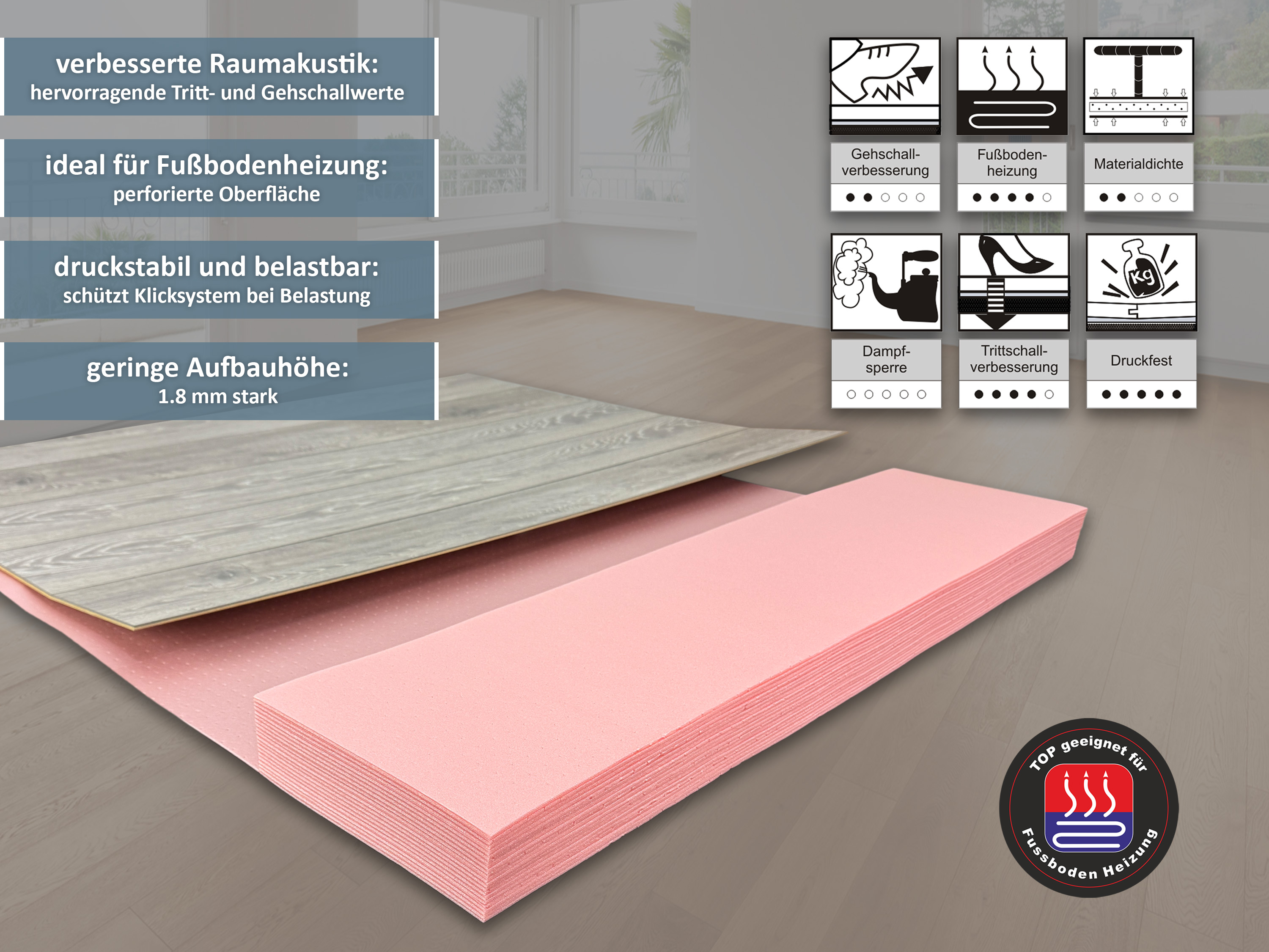 uficell® XPS QUICK PLUS Trittschalldämmung für Fußbodenheizung, Stärke: 1,8 mm, 12,6 m² uficell® XPS QUICK PLUS Trittschalldämmung für Fußbodenheizung, Stärke: 1,8 mm, 12,6 m²