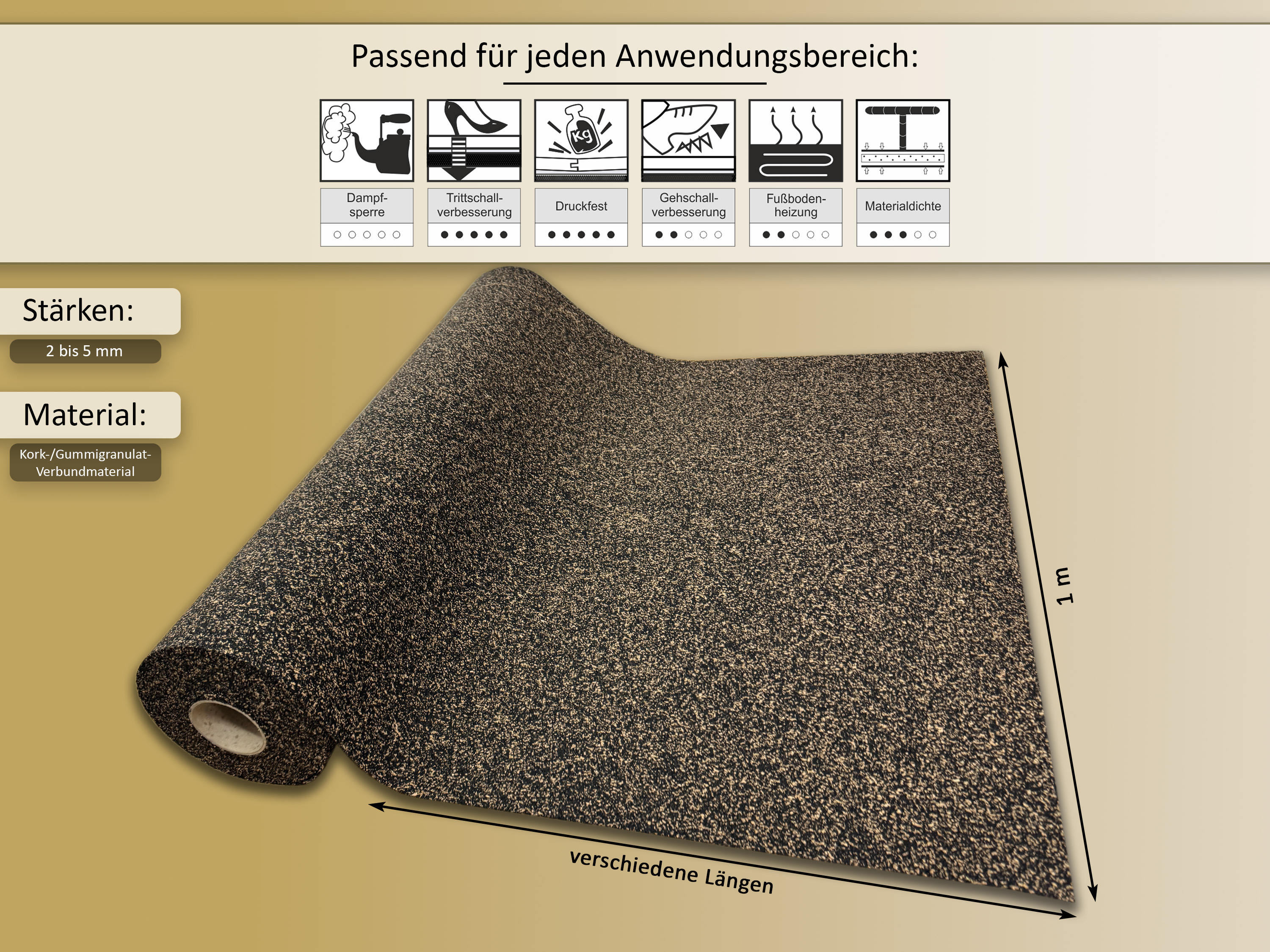 uficell® Gummikork (Rubberkork) Akustik und Vibrations Trittschalldämmung Stärken 2 - 8 mm uficell® Gummikork (Rubberkork) Akustik und Vibrations Trittschalldämmung Stärken 2 - 8 mm