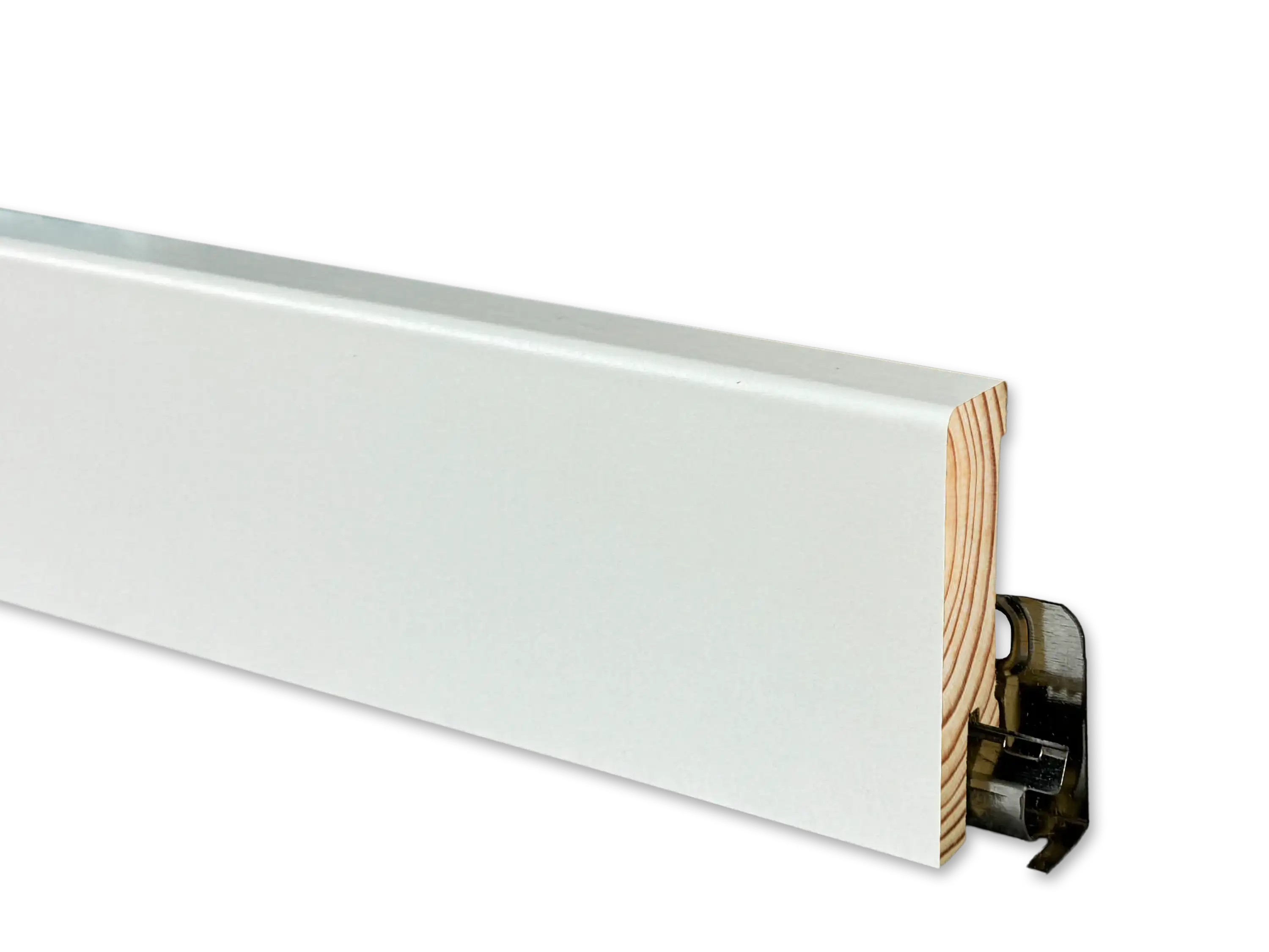 TRECOR® weisse Holz Sockelleiste 16 x 58 mm in RAL 9016 - CLIPSTAR Fräsung TRECOR® weisse Holz Sockelleiste 16 x 58 mm in RAL 9016 - CLIPSTAR Fräsung