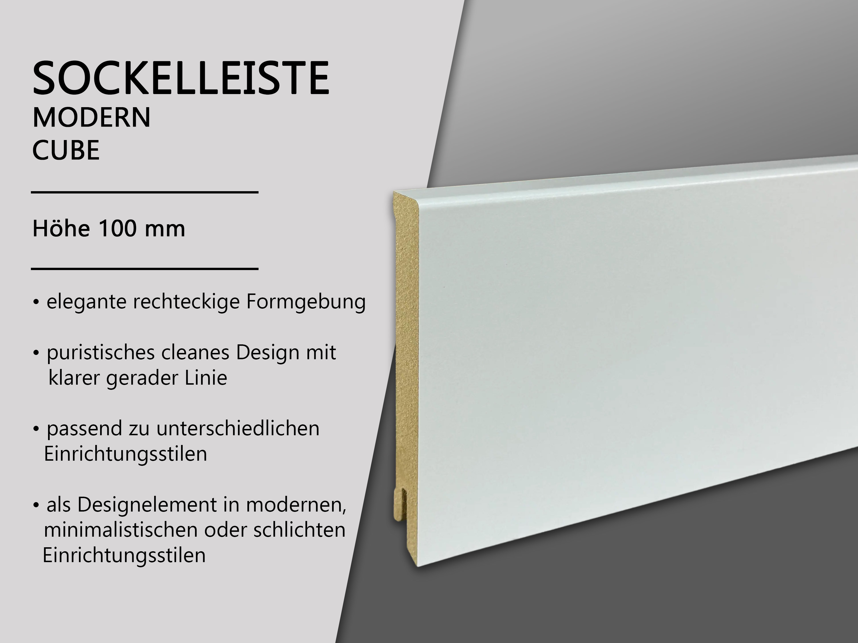 TRECOR® CUBE Sockelleiste, Fußleiste 16 x 100 mm in Weiß RAL 9016 - CLIPSTAR Fräsung TRECOR® CUBE Sockelleiste, Fußleiste 16 x 100 mm in Weiß RAL 9016 - CLIPSTAR Fräsung
