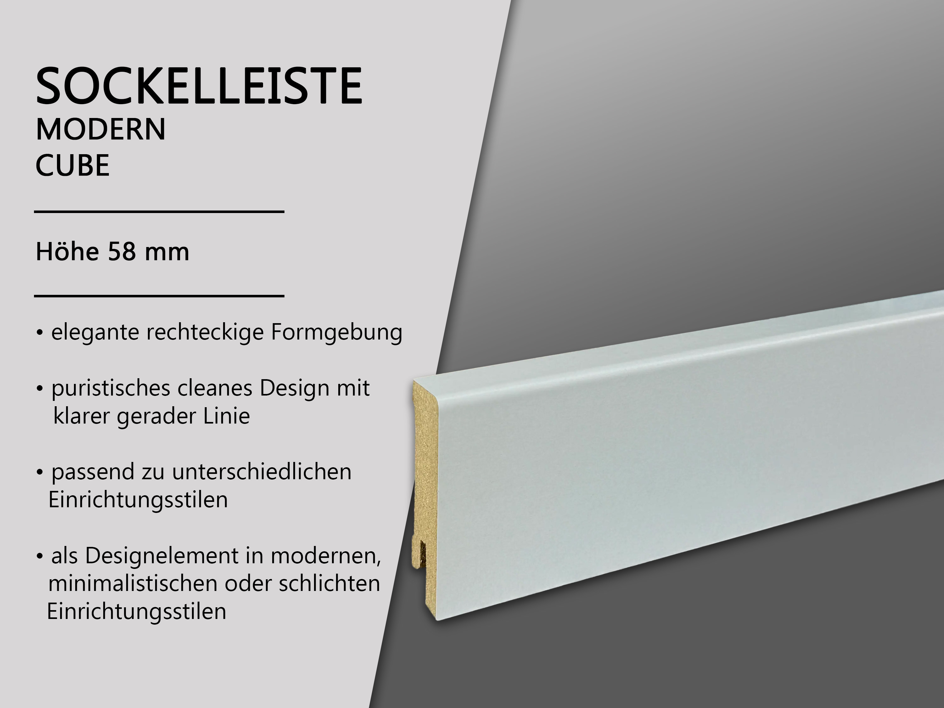 Sockelleiste Lichtgrau CUBE Fußleiste 16 x 58 mm in Lichtgrau RAL 7035 - CLIPSTAR Fräsung Sockelleiste Lichtgrau CUBE Fußleiste 16 x 58 mm in Lichtgrau RAL 7035 - CLIPSTAR Fräsung