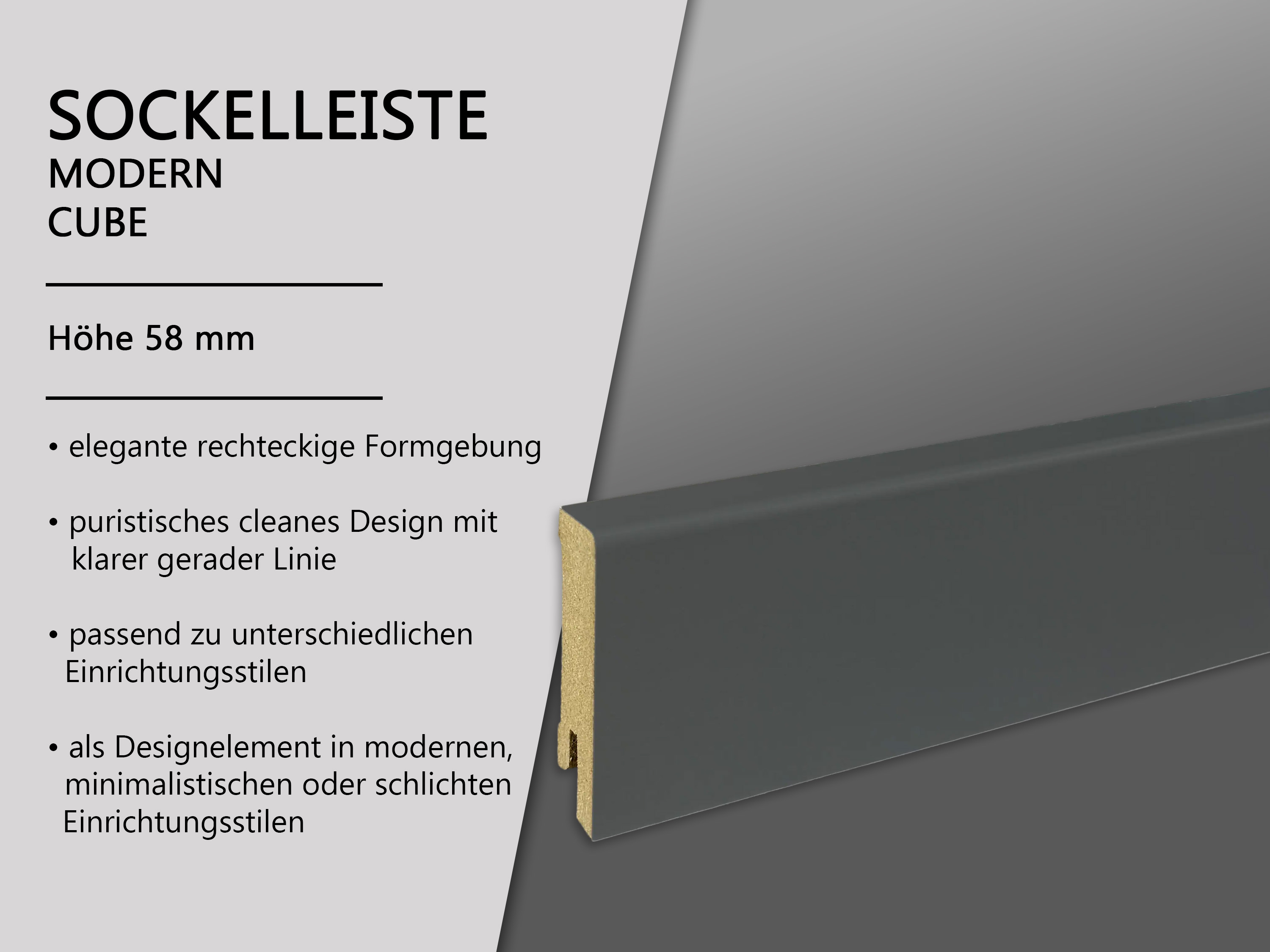 Sockelleiste Anthrazitgrau CUBE Fußleiste 16 x 58 mm in RAL 7016 - CLIPSTAR Fräsung Sockelleiste Anthrazitgrau CUBE Fußleiste 16 x 58 mm in RAL 7016 - CLIPSTAR Fräsung
