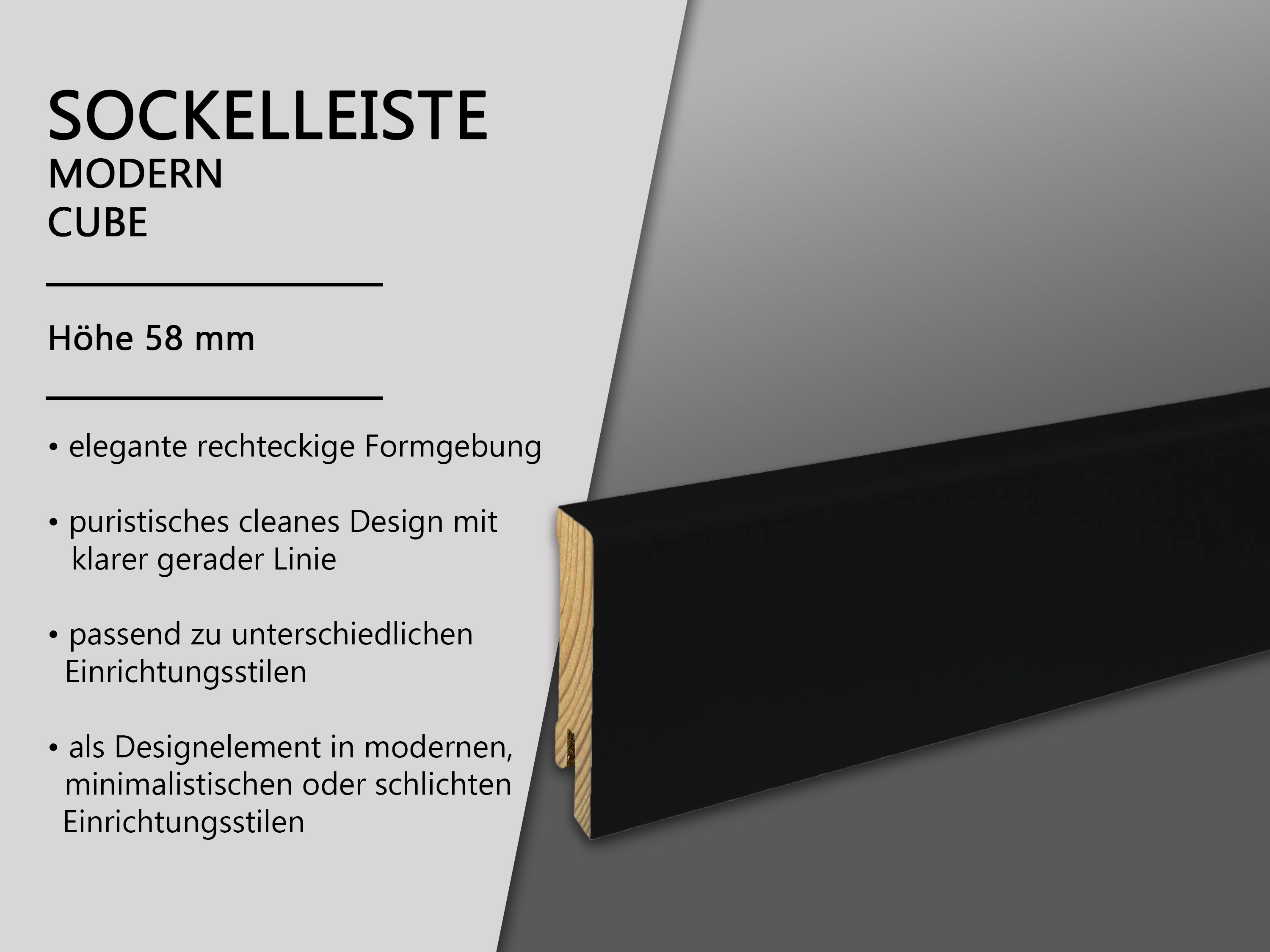 TRECOR® schwarze Holz Sockelleiste 16 x 58 mm in RAL 9016 - CLIPSTAR Fräsung TRECOR® schwarze Holz Sockelleiste 16 x 58 mm in RAL 9016 - CLIPSTAR Fräsung