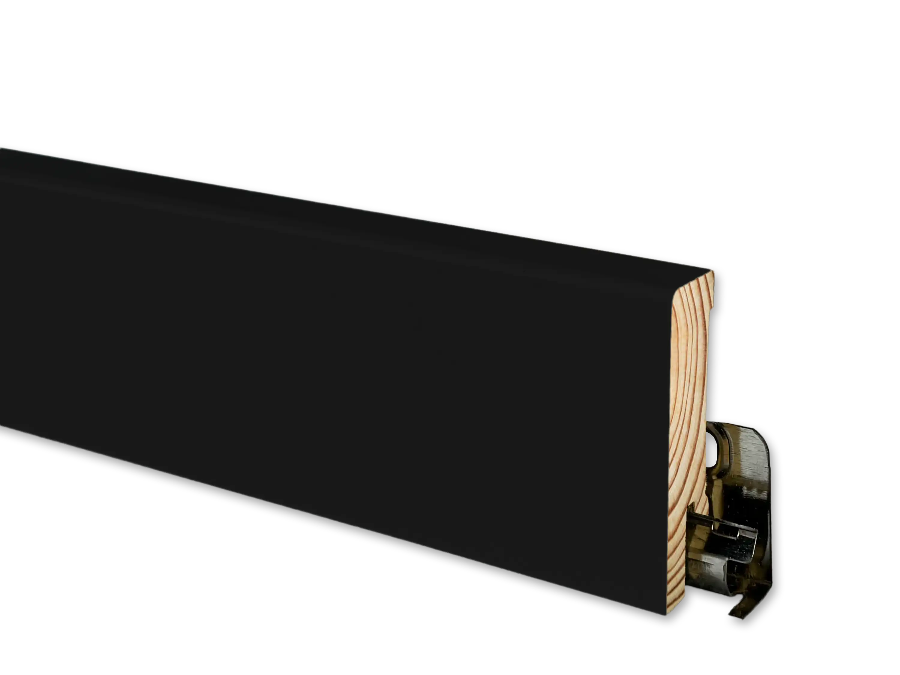 TRECOR® schwarze Holz Sockelleiste 16 x 58 mm in RAL 9016 - CLIPSTAR Fräsung TRECOR® schwarze Holz Sockelleiste 16 x 58 mm in RAL 9016 - CLIPSTAR Fräsung