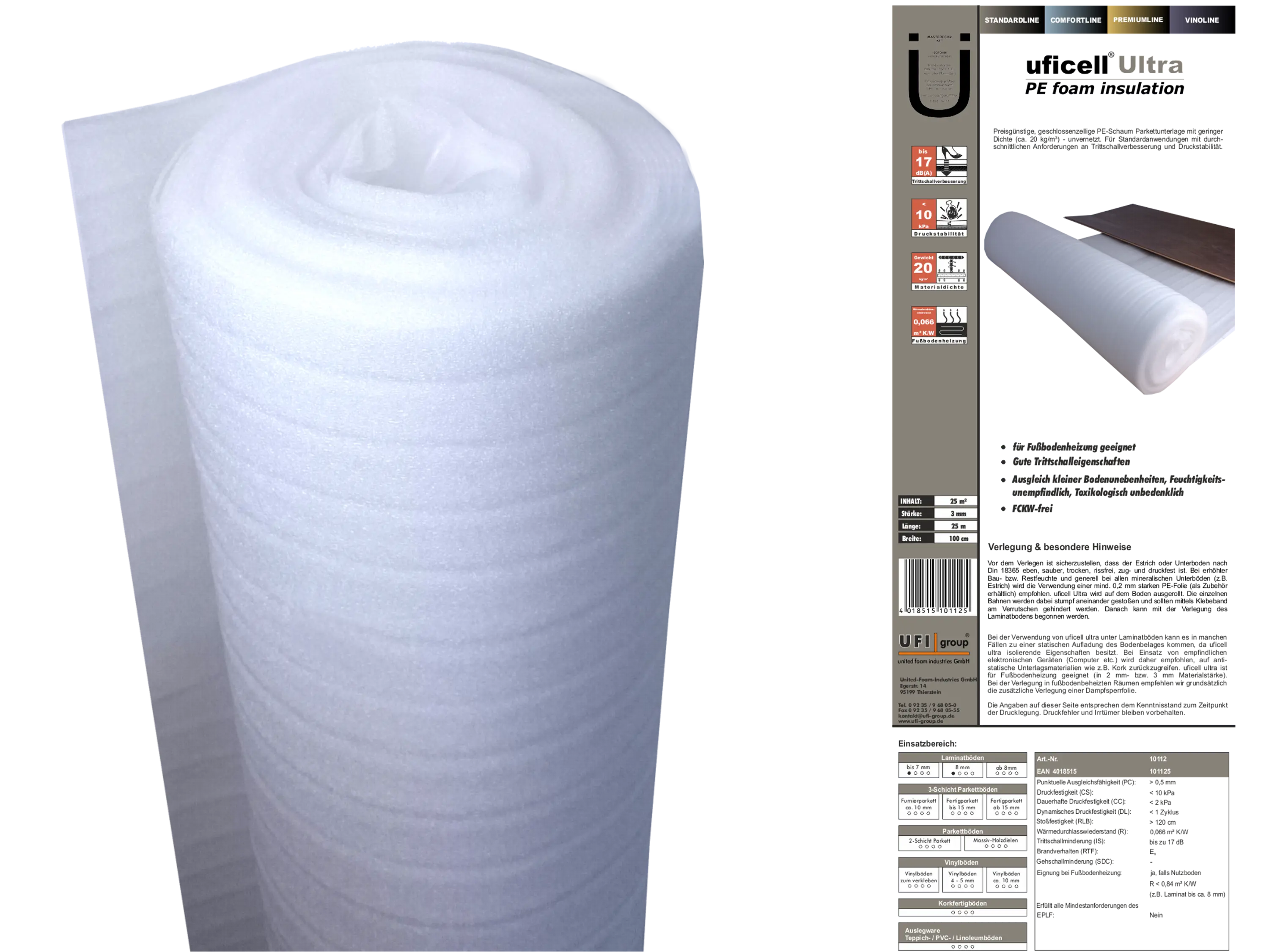 uficell® ULTRA PE-Schaum Trittschalldämmung - Laminat- und Parkettunterlage, 3 mm uficell® ULTRA PE-Schaum Trittschalldämmung - Laminat- und Parkettunterlage, 3 mm