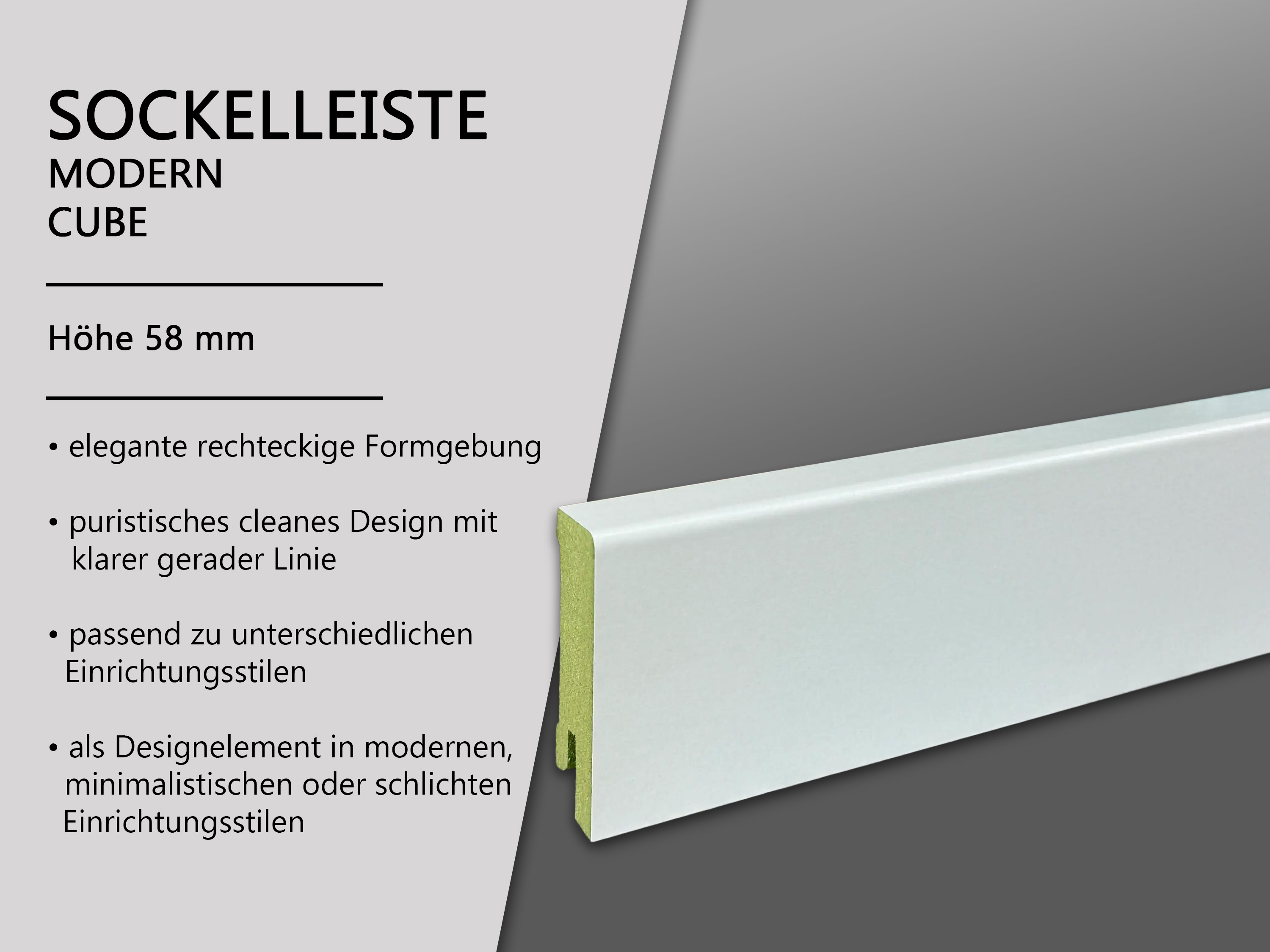 TRECOR® CUBE Sockelleiste Feuchtraumleiste 19 x 60 mm in Weiß RAL 9016 TRECOR® CUBE Sockelleiste Feuchtraumleiste 19 x 60 mm in Weiß RAL 9016