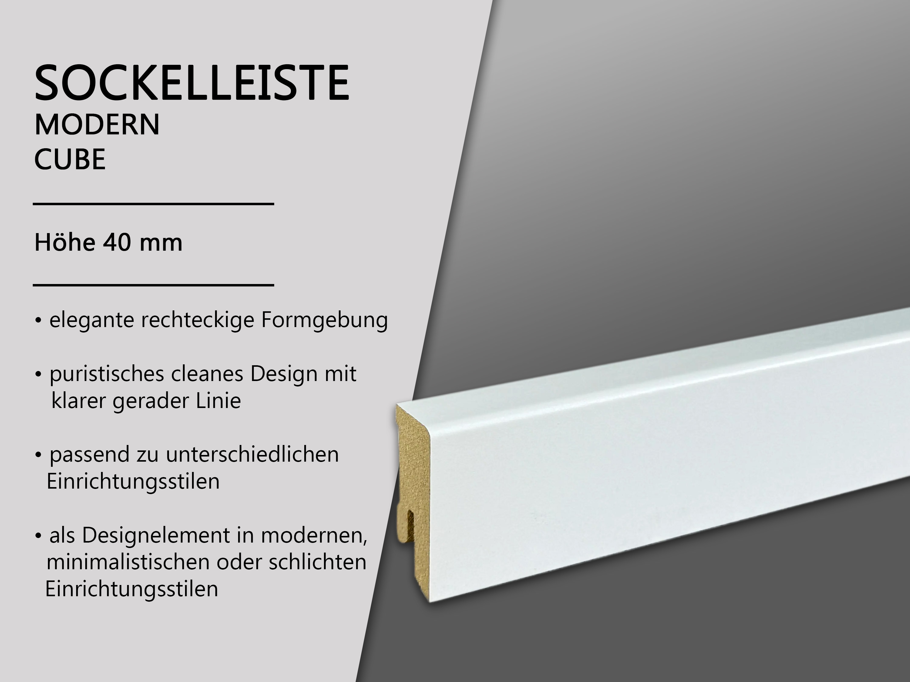 TRECOR® weisse Sockelleiste Fußleiste modern Cube 16 x 40 mm in Weiß RAL 9016 - CLIPSTAR Fräsung TRECOR® weisse Sockelleiste Fußleiste modern Cube 16 x 40 mm in Weiß RAL 9016 - CLIPSTAR Fräsung
