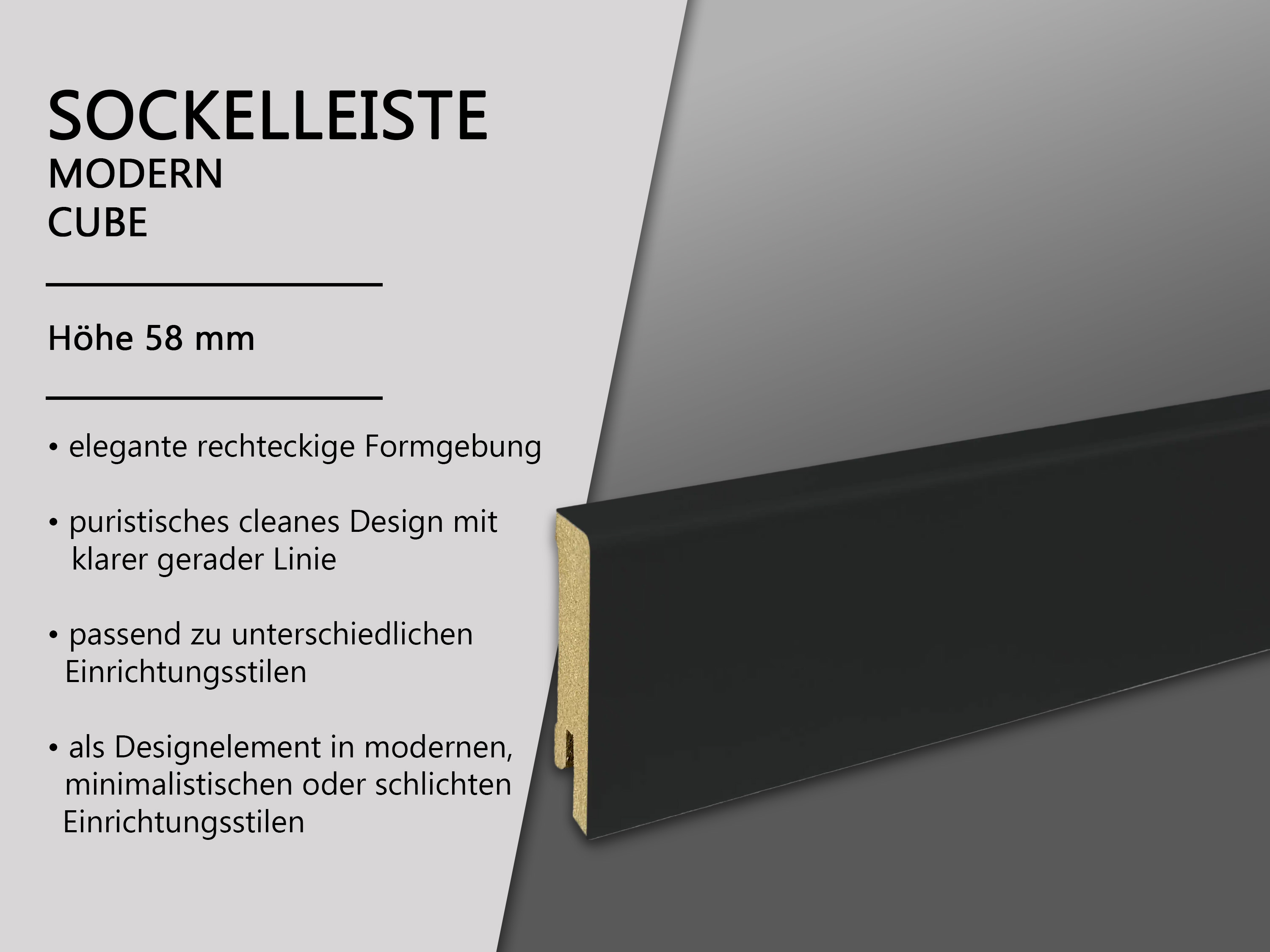 CUBE Sockelleiste Schwarz , Fußleiste 16 x 58 mm in schwarz RAL 9005 - CLIPSTAR Fräsung CUBE Sockelleiste Schwarz , Fußleiste 16 x 58 mm in schwarz RAL 9005 - CLIPSTAR Fräsung