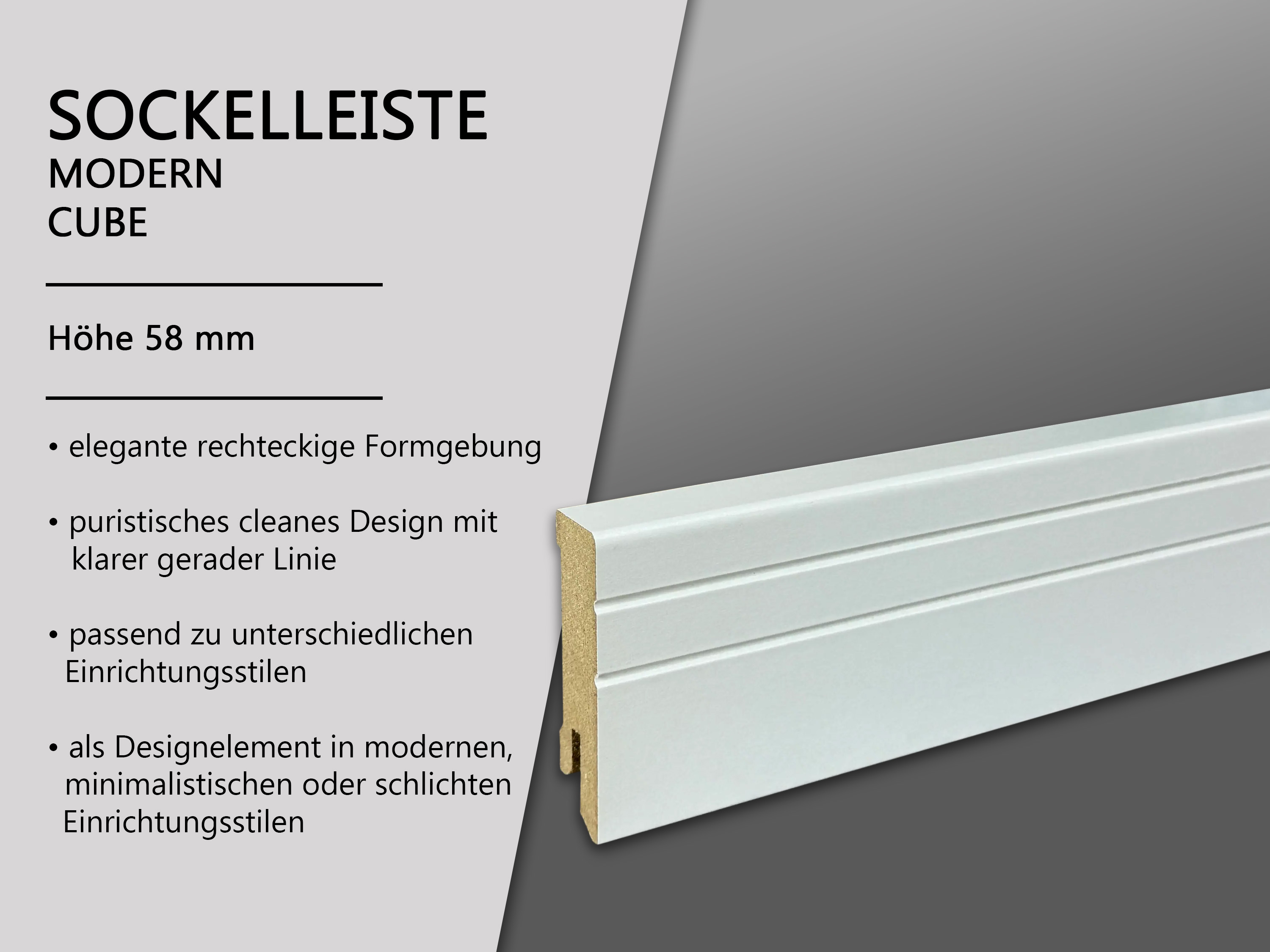 TRECOR® CUBE NEO Sockelleiste, Fußleiste 16 x 58 mm in Weiß RAL 9016 - CLIPSTAR Fräsung TRECOR® CUBE NEO Sockelleiste, Fußleiste 16 x 58 mm in Weiß RAL 9016 - CLIPSTAR Fräsung