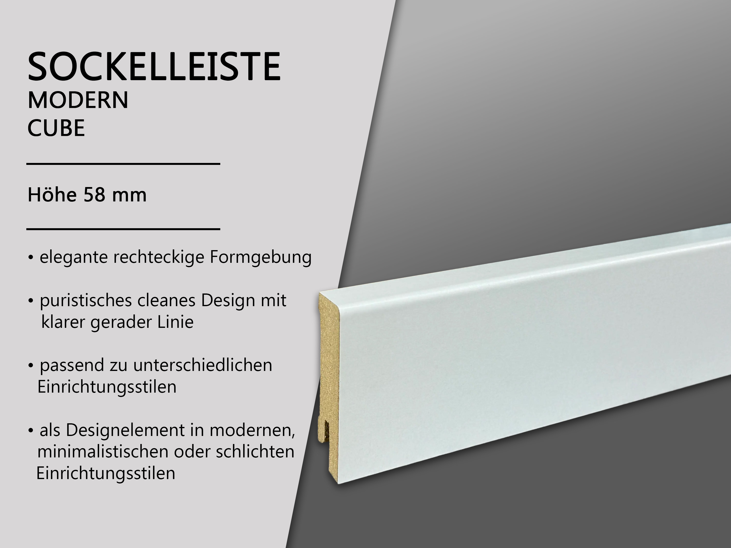 TRECOR® CUBE Sockelleiste, Fußleiste 16 x 58 mm in Weiß RAL 9016 TRECOR® CUBE Sockelleiste, Fußleiste 16 x 58 mm in Weiß RAL 9016
