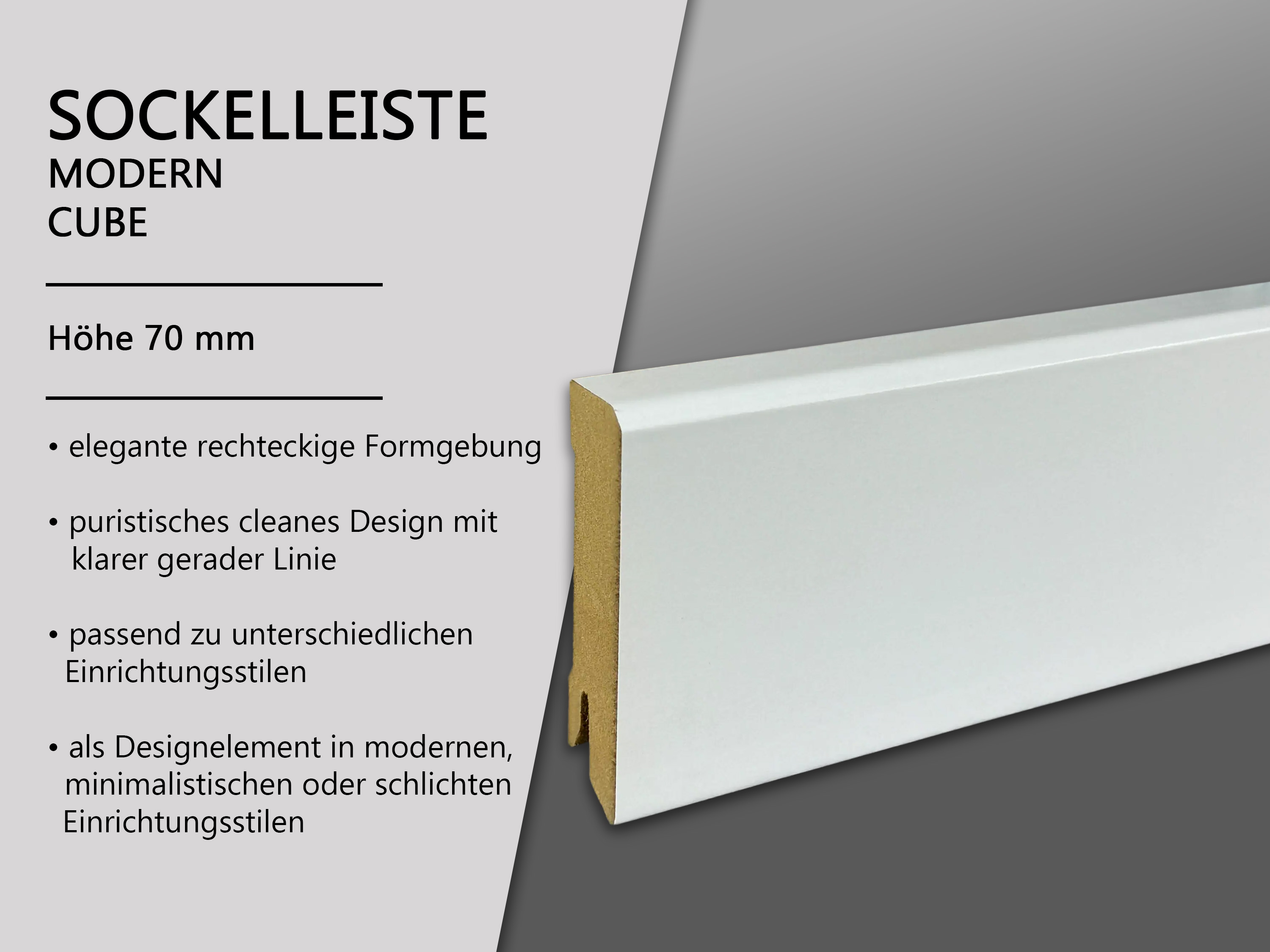 TRECOR® CUBE Sockelleiste, Fußleiste 18 x 70 mm in Weiß RAL 9016 - CLIPSTAR Fräsung TRECOR® CUBE Sockelleiste, Fußleiste 18 x 70 mm in Weiß RAL 9016 - CLIPSTAR Fräsung